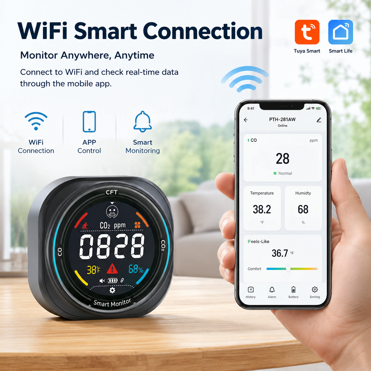 FABISENSE 281AW Smart WiFi Carbon Monoxide Detector with App, Temperature & Humidity Monitor