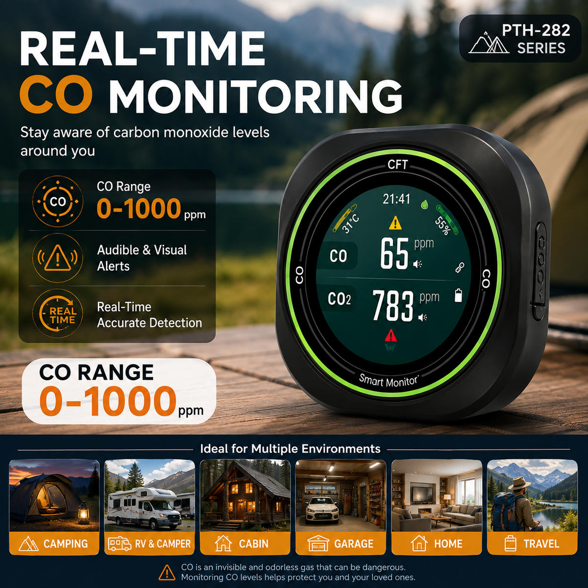 FABISENSE 282 Portable CO & CO₂ Monitor with Alarm, Temperature & Humidity for Camping, RV & Travel