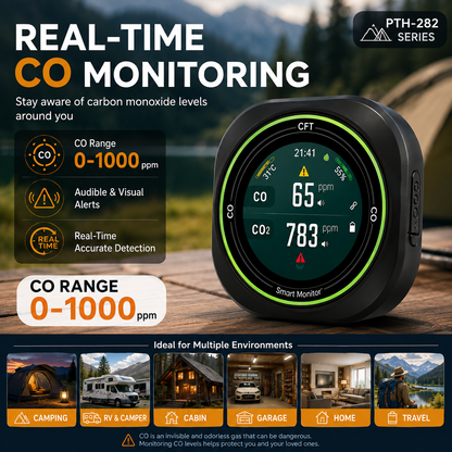 FABISENSE 282 Portable CO & CO₂ Monitor with Alarm, Temperature & Humidity for Camping, RV & Travel
