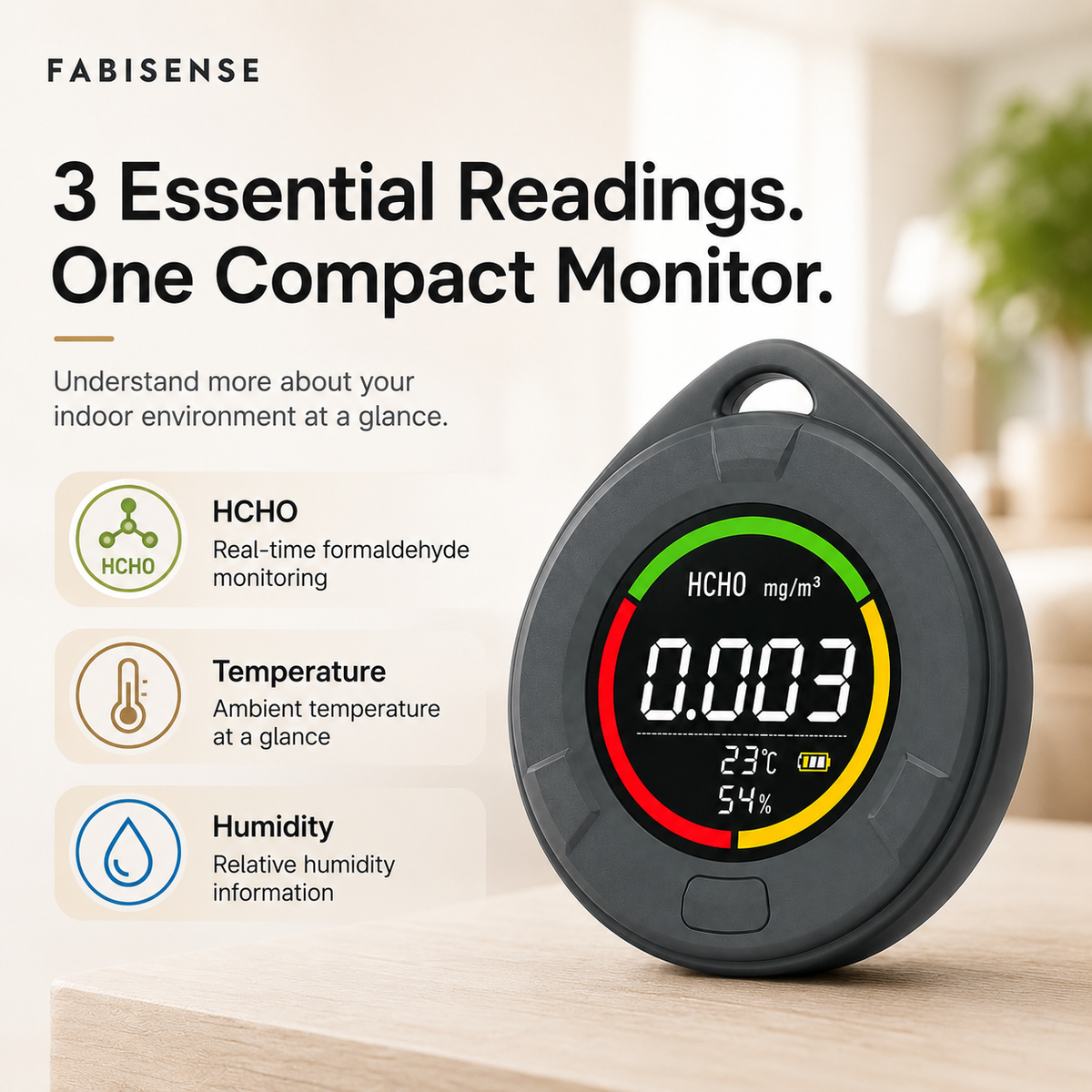 FABISENSE 10A 便携式甲醛监测仪——集温度、湿度监测与声音报警功能于一体的甲醛检测仪，适用于家庭、办公室、房车及室内空间