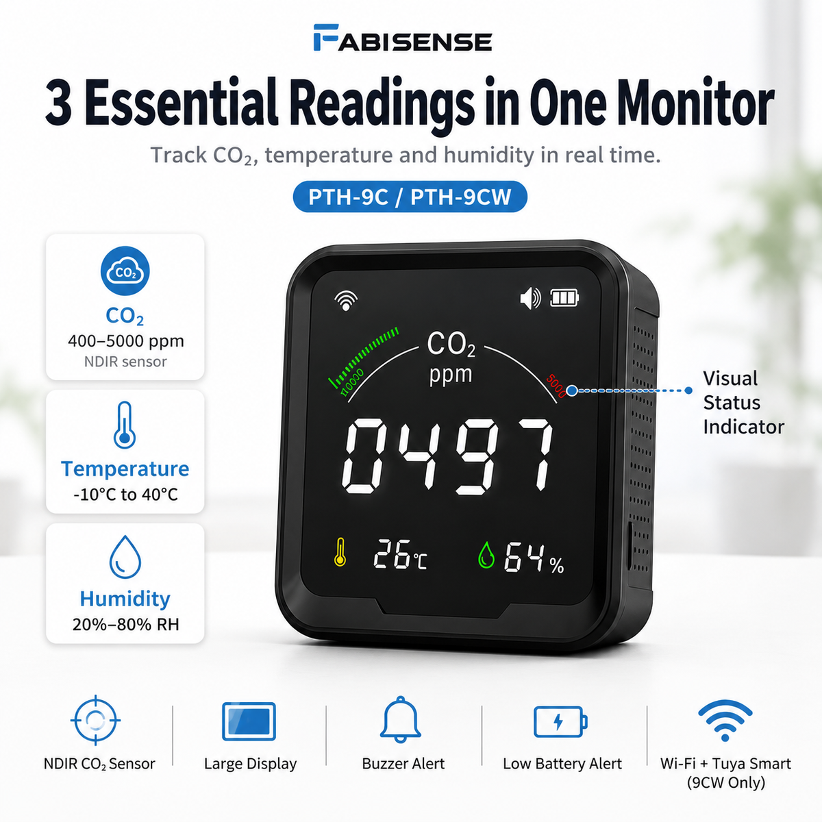 FABISENSE 9CW 智能WiFi二氧化碳检测仪 | NDIR传感器 | 涂鸦智能App | 二氧化碳、温度和湿度 | 适用于家庭和温室