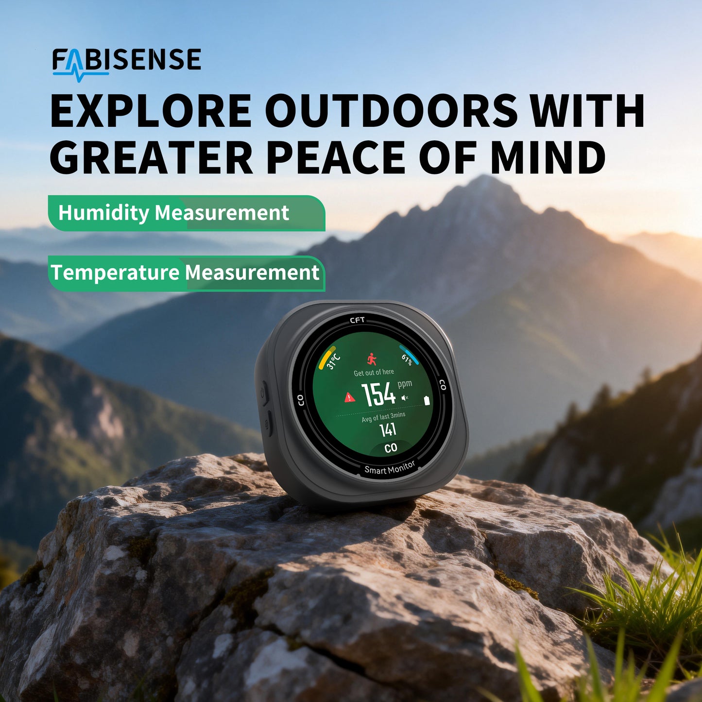 FABISENSE 282A Portable CO Detector | 0-1000ppm | Temp & Humidity | 1.8" Touch LCD | 2100mAh | Type-C | for Camping & Construction
