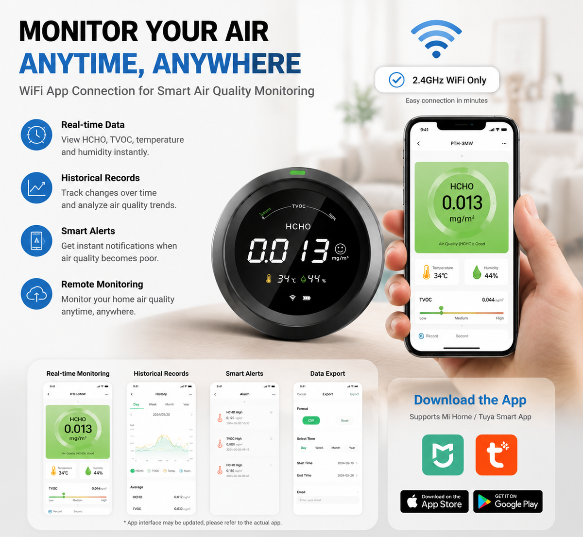 FABISENSE PTH-3MW 智能甲醛监测仪 – 带甲醛、TVOC、温湿度传感器的 WiFi 空气质量检测仪