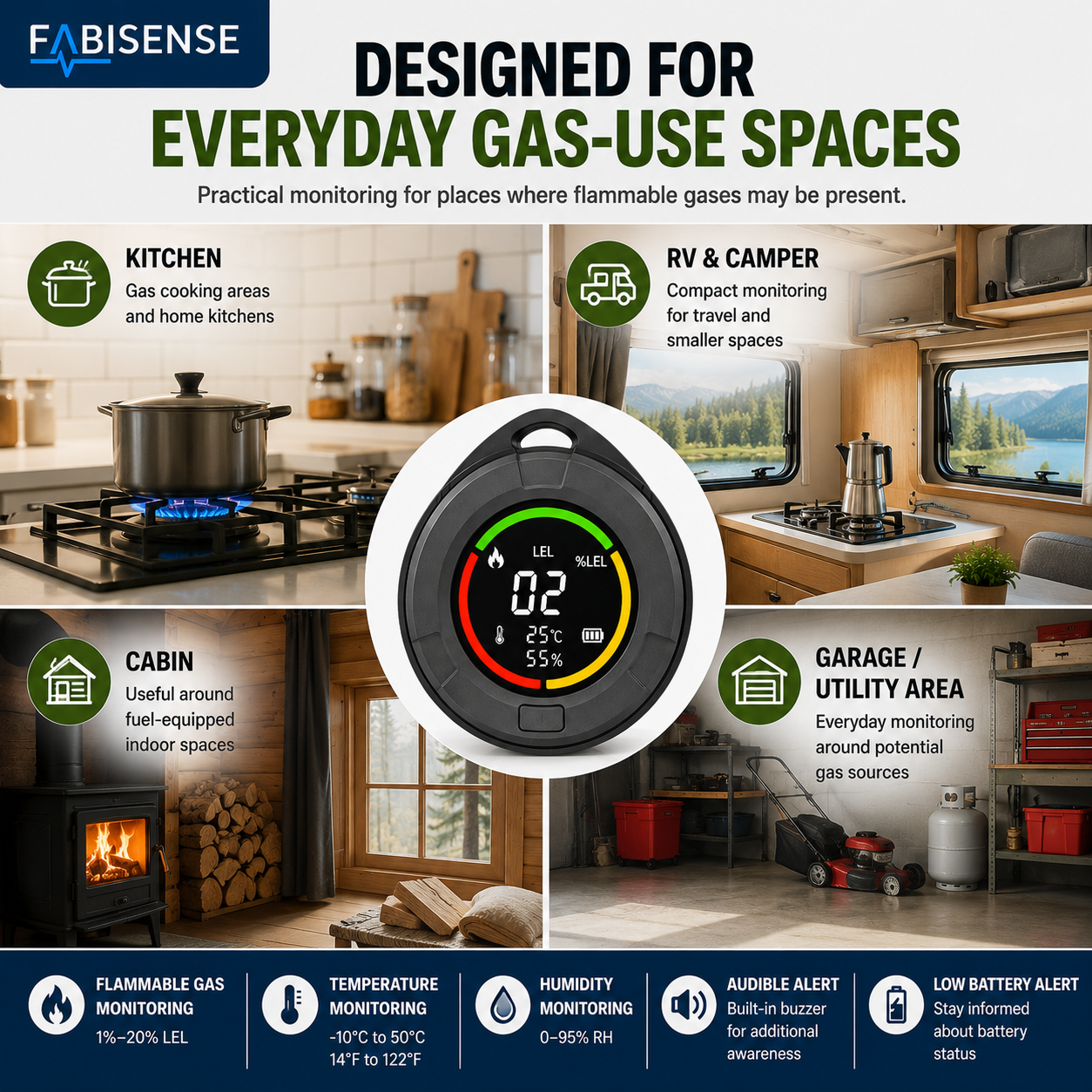 FABISENSE 10B Portable Flammable Gas Detector – Combustible Gas Monitor with Temperature, Humidity & Audible Alert for Home, Kitchen, RV & Indoor Spaces