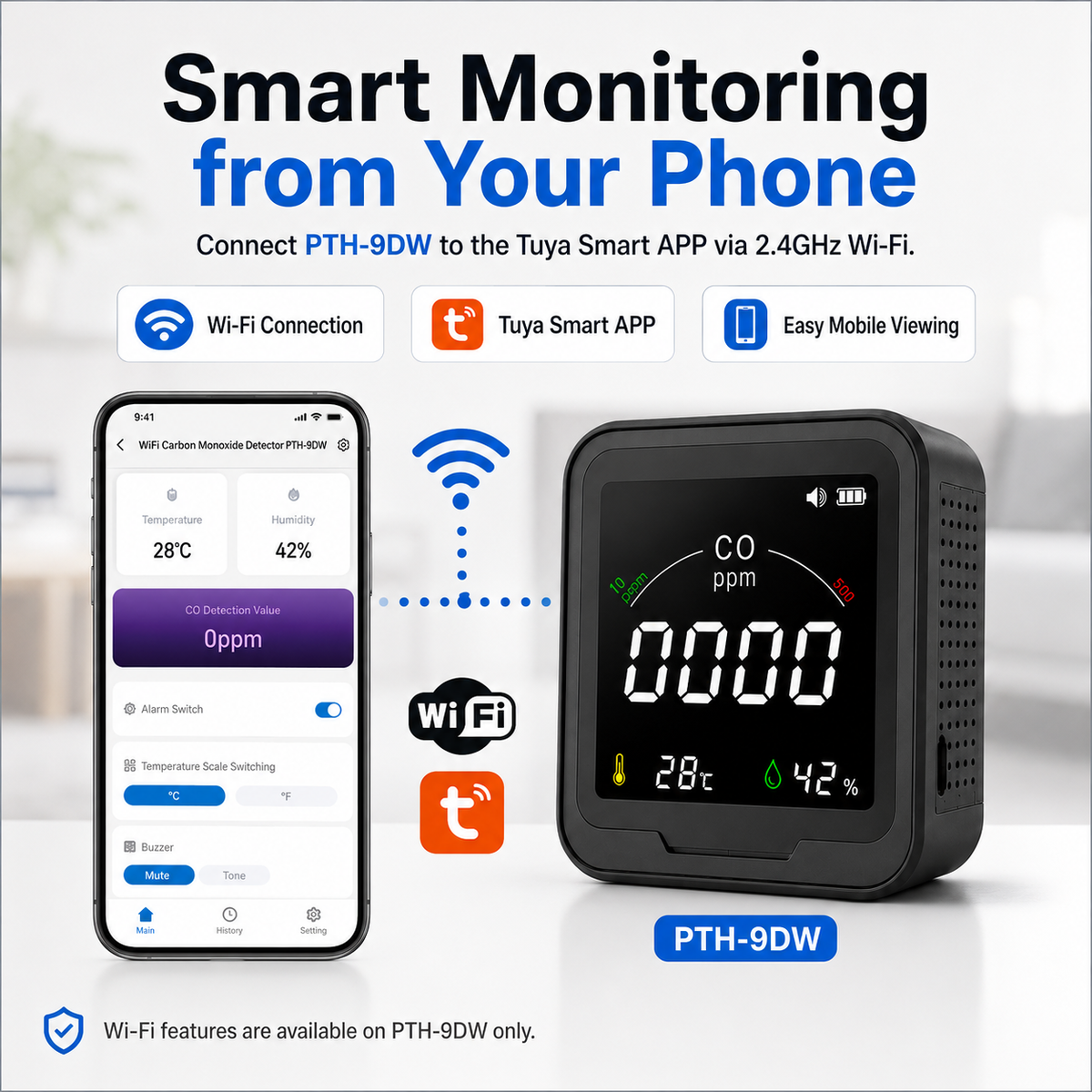 FABISENSE 9D / 9DW Portable CO Detector, Carbon Monoxide Monitor with Adjustable Alarm, Temperature Humidity & Wi-Fi Tuya Smart