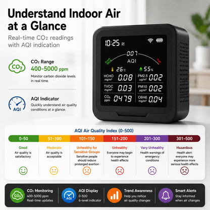 FABISENSE 9BW 室内空气质量监测仪，支持 CO₂、PM2.5、PM10、甲醛、TVOC 检测，具备温湿度监测功能，可选配 WiFi 及涂鸦 (Tuya) App。