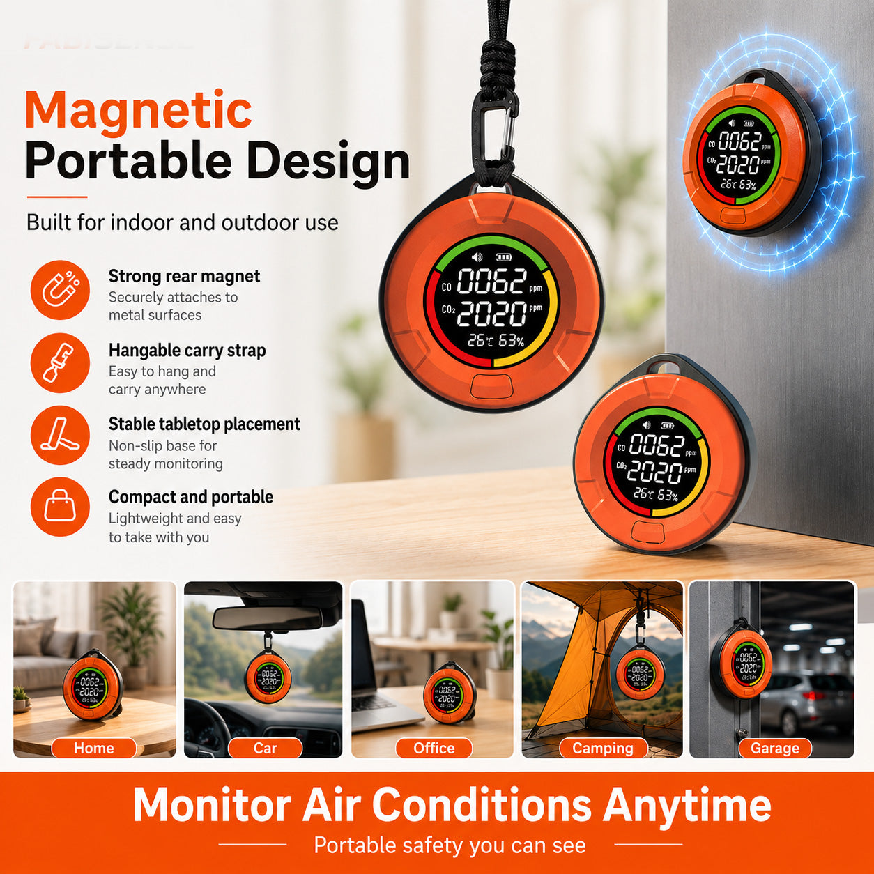FABISENSE 10E+ Dual-Sensor CO & CO2 Detector | 0-1000ppm CO | 400-5000ppm CO2 | for Camping, RV & Enclosed Spaces