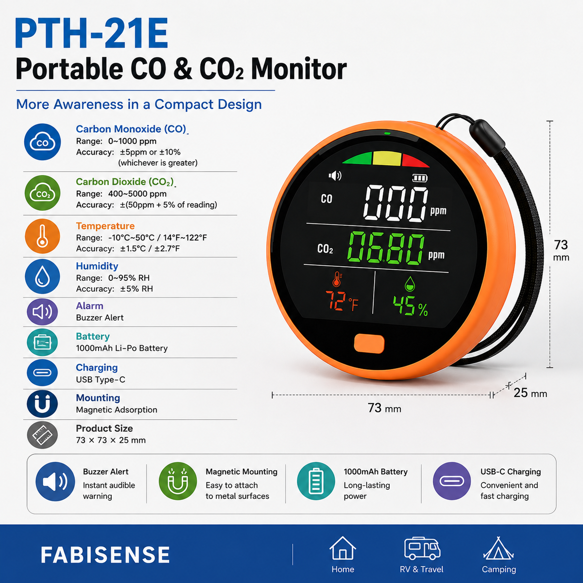 FABISENSE 21E 便携式一氧化碳与二氧化碳检测仪（带温湿度显示），适用于房车露营、旅行及居家环境的可充电式气体监测仪