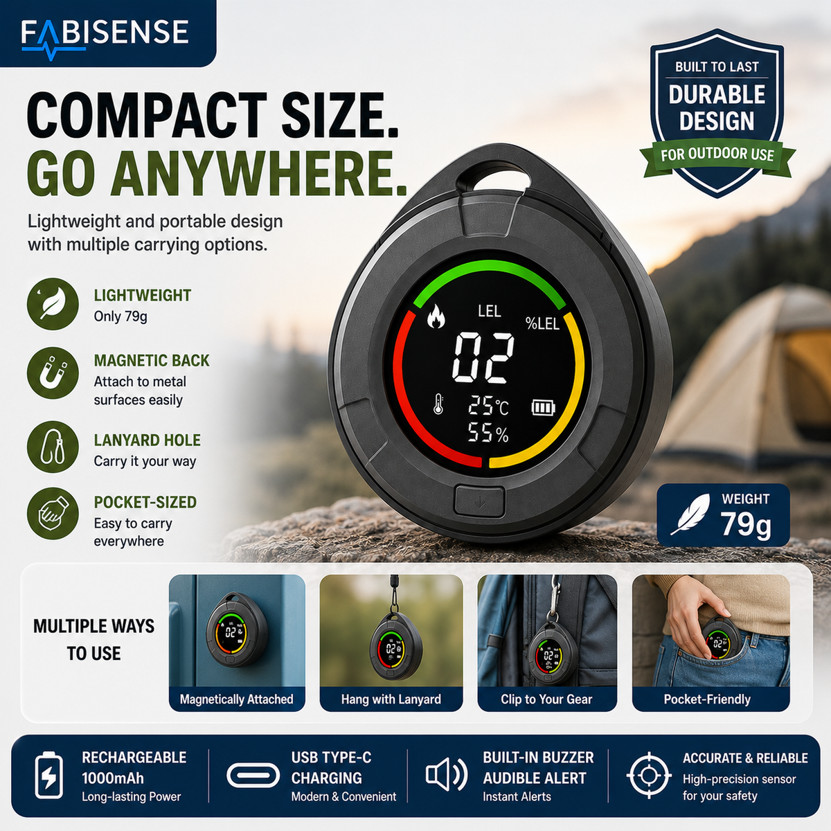 FABISENSE 10B Portable Flammable Gas Detector – Combustible Gas Monitor with Temperature, Humidity & Audible Alert for Home, Kitchen, RV & Indoor Spaces