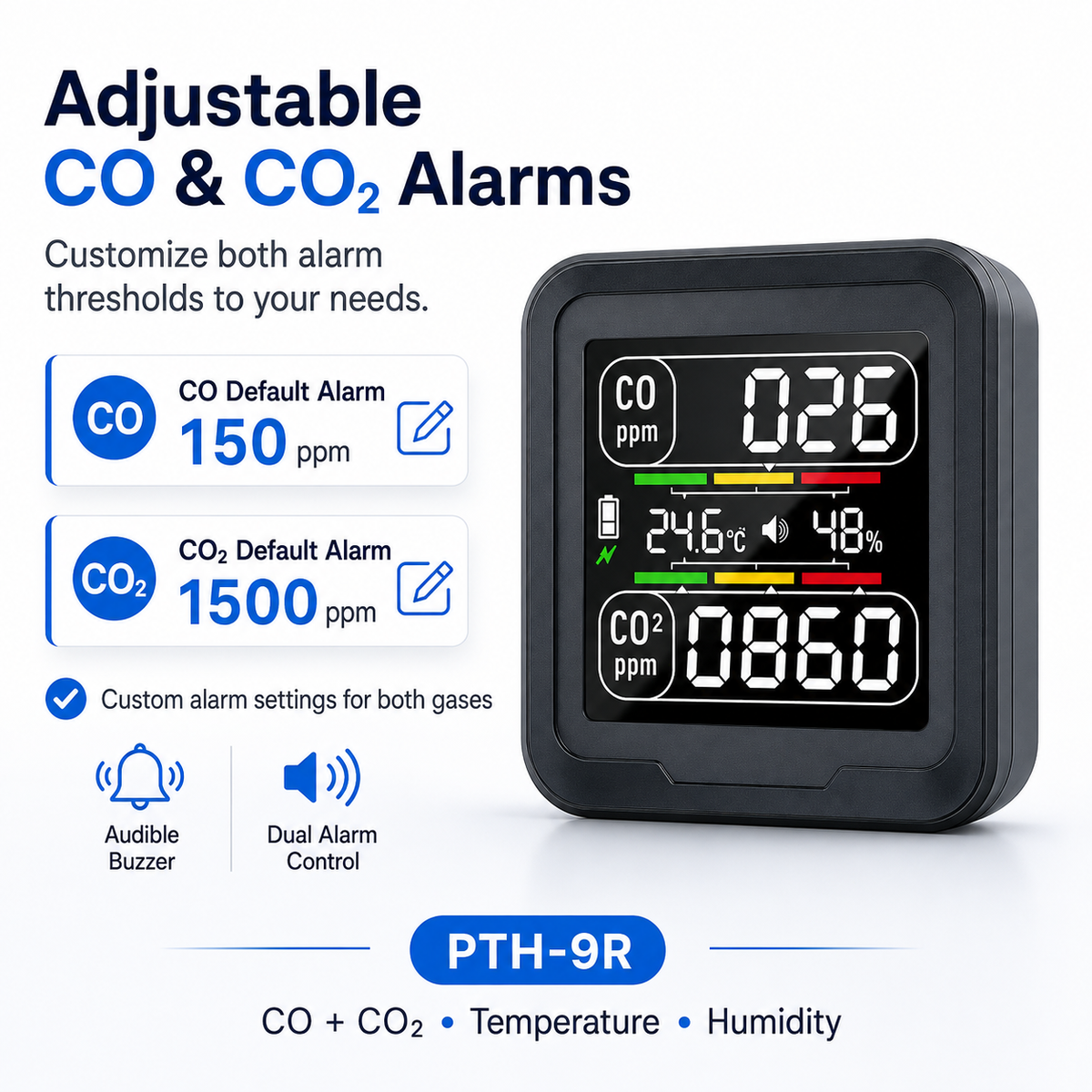 FABISENSE 9R 四合一 CO 及 CO₂ 检测仪，带温度、湿度、可调节警报及 2000mAh 可充电电池的一氧化碳监测仪
