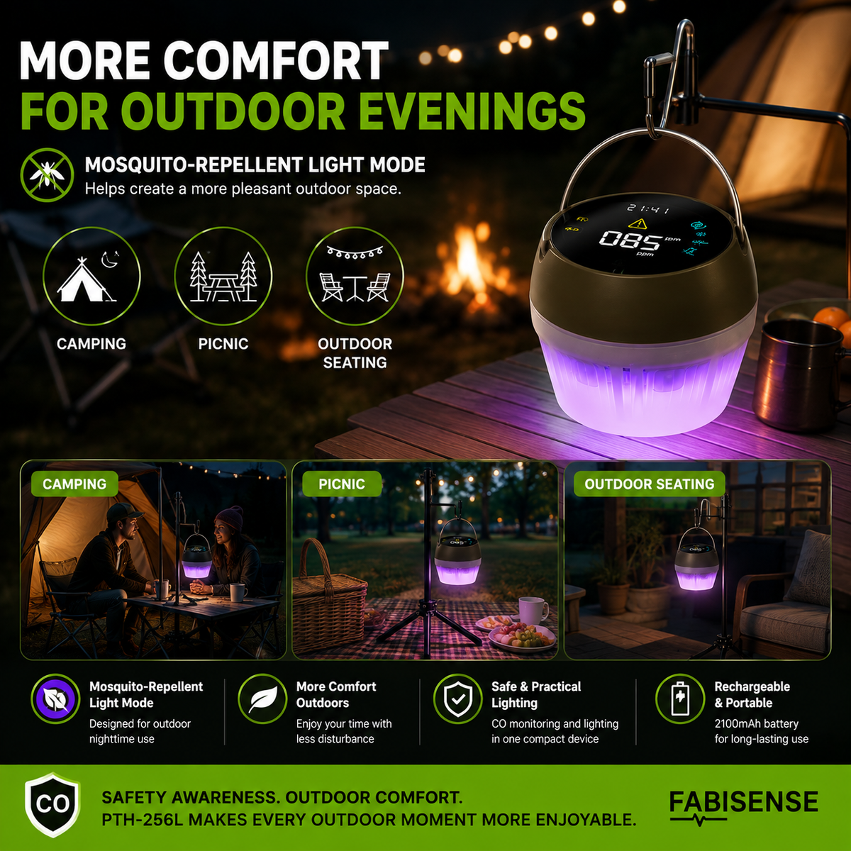 FABISENSE 256L 便携式一氧化碳检测仪及露营灯，具备 6 种灯光模式、可选配铝合金支架及 2100mAh 电池