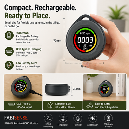FABISENSE 10A 便携式甲醛监测仪——集温度、湿度监测与声音报警功能于一体的甲醛检测仪，适用于家庭、办公室、房车及室内空间