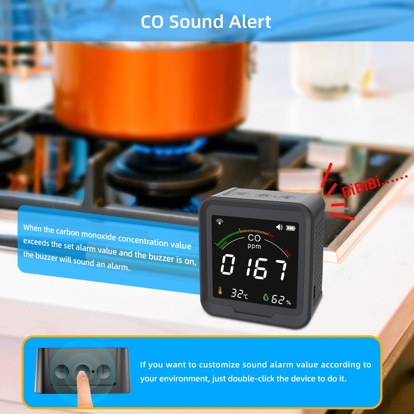 FABISENSE 9DW 3-in-1 WiFi CO Detector | Tuya App | 4" Color LCD | CO, Temp & Humidity | 90H Battery | Type-C | for Home & Travel