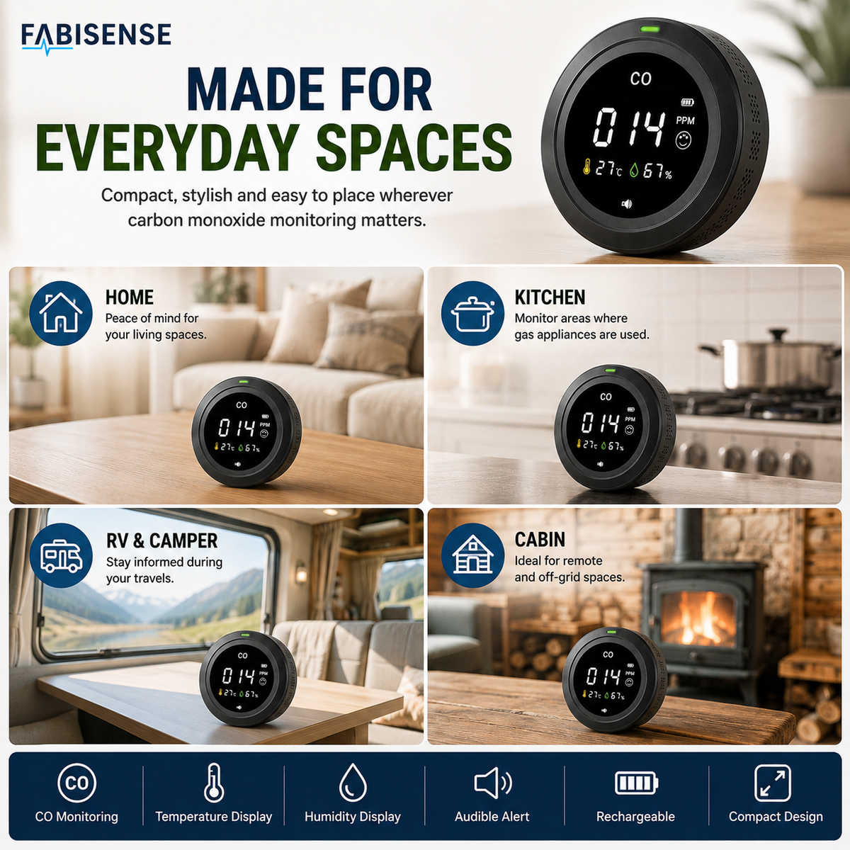 FABISENSE PTH-12 Portable Carbon Monoxide Detector – CO Monitor with Temperature, Humidity & Audible Alarm for Home, Kitchen, RV, Cabin & Garage