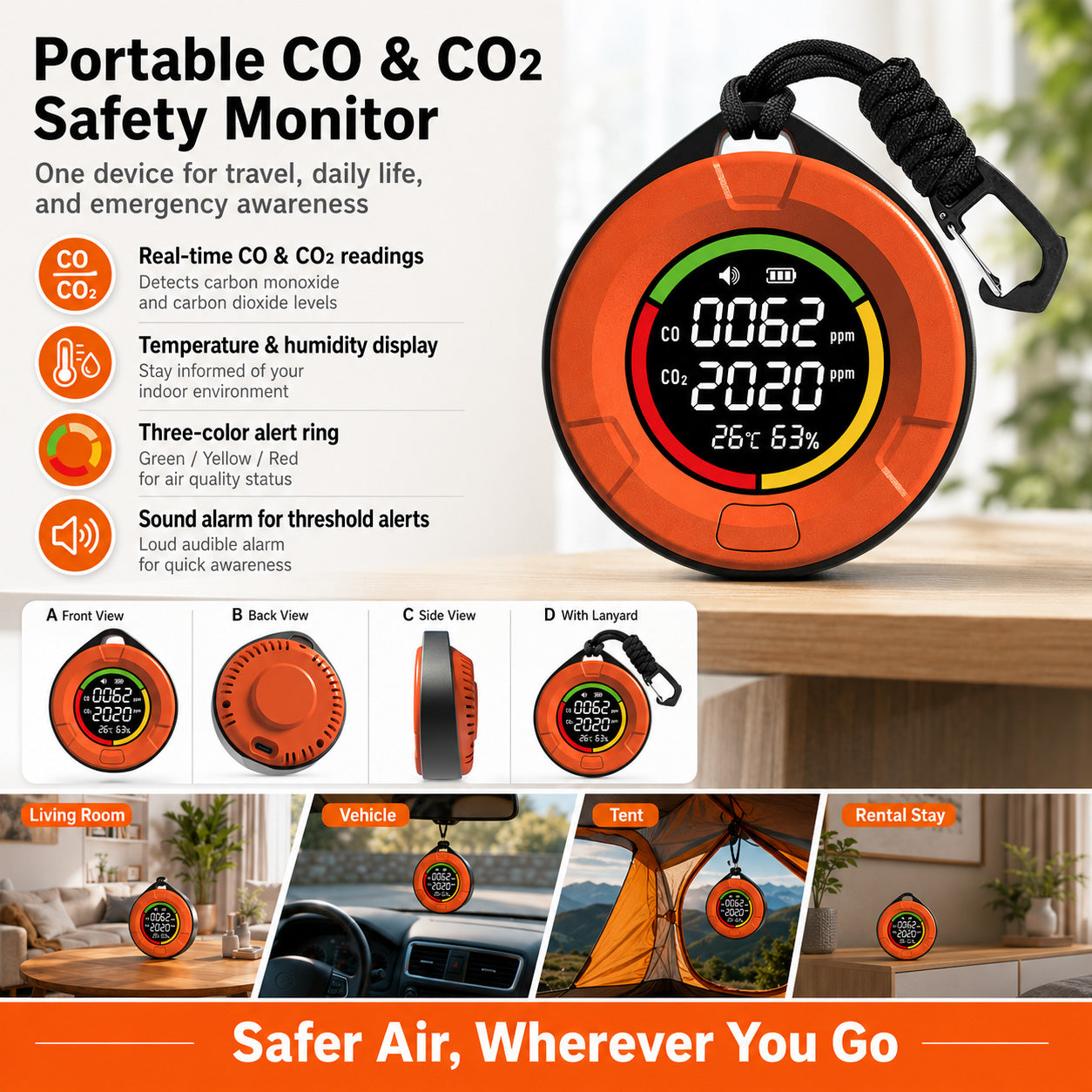 FABISENSE 10E+ Dual-Sensor CO & CO2 Detector | 0-1000ppm CO | 400-5000ppm CO2 | for Camping, RV & Enclosed Spaces