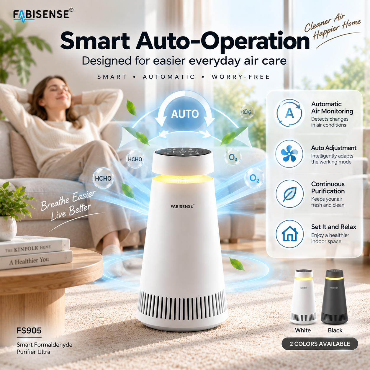 FABISENSE FS905 Smart Air Purifier Ultra | Whole-Home Gaseous Defense | Intelligent High-Precision Sensor | Clears Formaldehyde