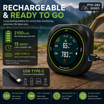 FABISENSE 282 Portable CO & CO₂ Monitor with Alarm, Temperature & Humidity for Camping, RV & Travel