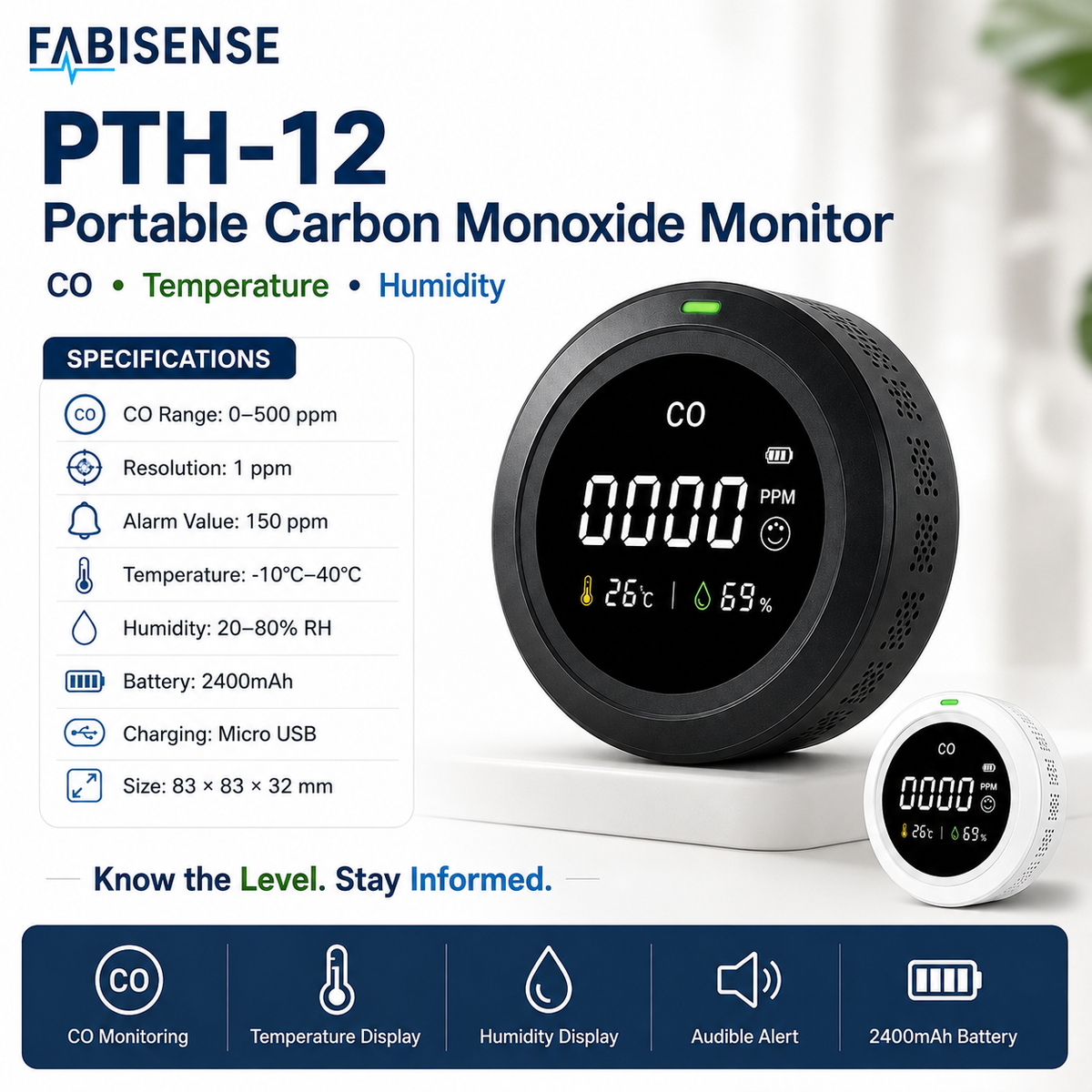 FABISENSE PTH-12 Portable Carbon Monoxide Detector – CO Monitor with Temperature, Humidity & Audible Alarm for Home, Kitchen, RV, Cabin & Garage