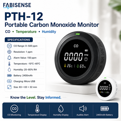 FABISENSE PTH-12 Portable Carbon Monoxide Detector – CO Monitor with Temperature, Humidity & Audible Alarm for Home, Kitchen, RV, Cabin & Garage