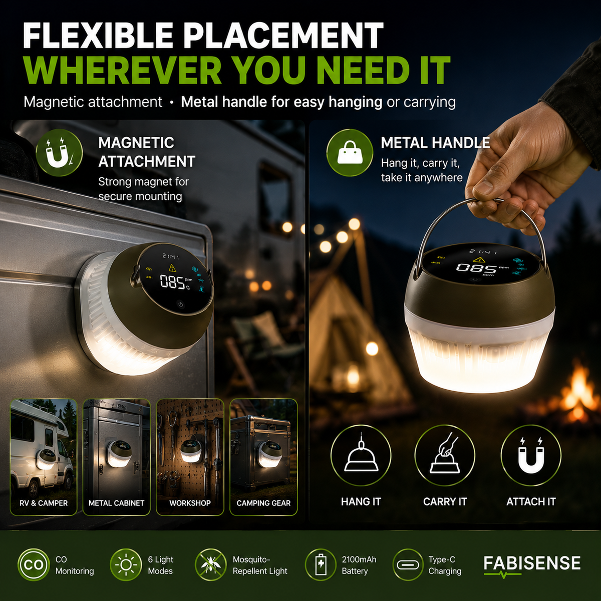 FABISENSE 256L 便携式一氧化碳检测仪及露营灯，具备 6 种灯光模式、可选配铝合金支架及 2100mAh 电池