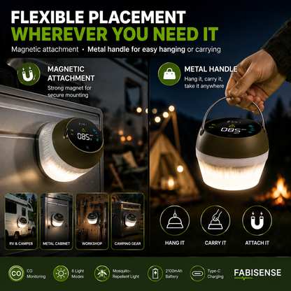 FABISENSE 256L 便携式一氧化碳检测仪及露营灯，具备 6 种灯光模式、可选配铝合金支架及 2100mAh 电池