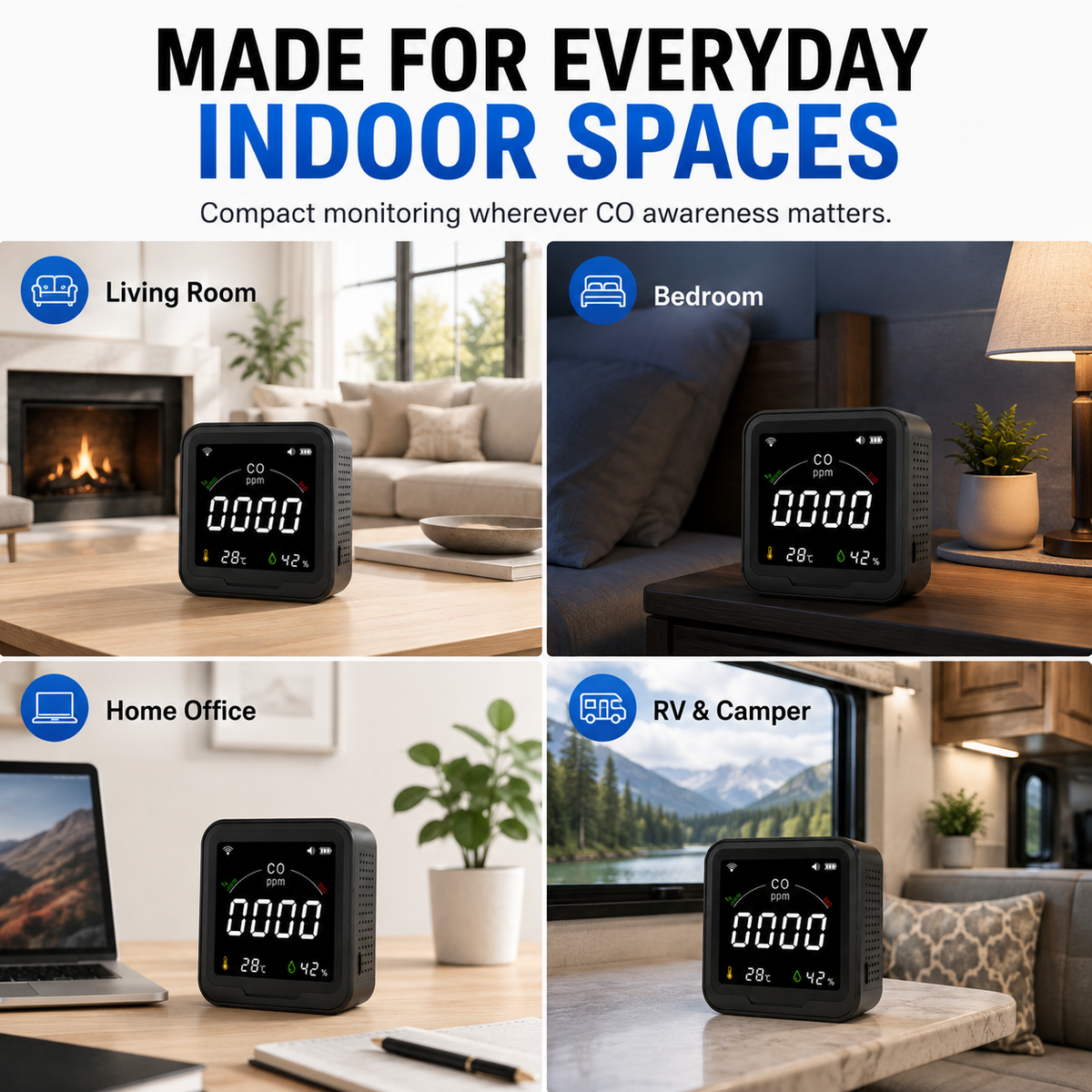 FABISENSE 9D / 9DW Portable CO Detector, Carbon Monoxide Monitor with Adjustable Alarm, Temperature Humidity & Wi-Fi Tuya Smart