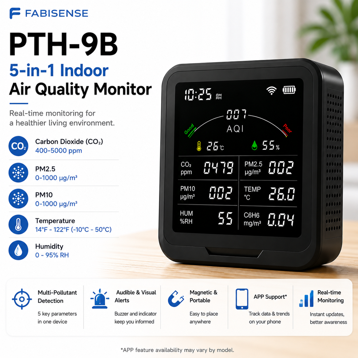 FABISENSE 9BW 室内空气质量监测仪，支持 CO₂、PM2.5、PM10、甲醛、TVOC 检测，具备温湿度监测功能，可选配 WiFi 及涂鸦 (Tuya) App。