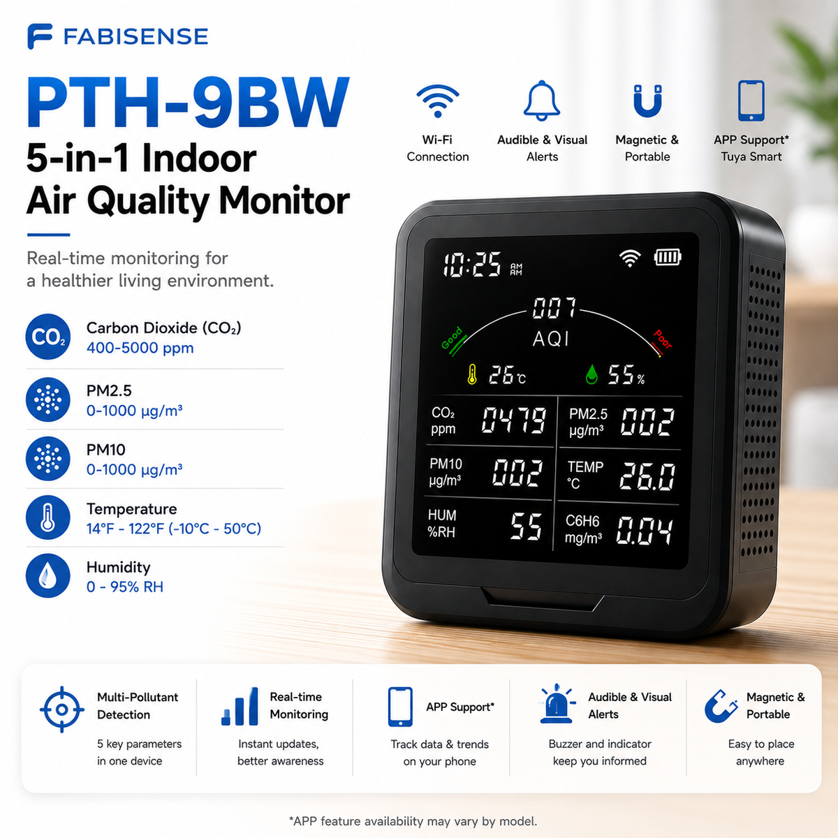FABISENSE 9BW 室内空气质量监测仪，支持 CO₂、PM2.5、PM10、甲醛、TVOC 检测，具备温湿度监测功能，可选配 WiFi 及涂鸦 (Tuya) App。