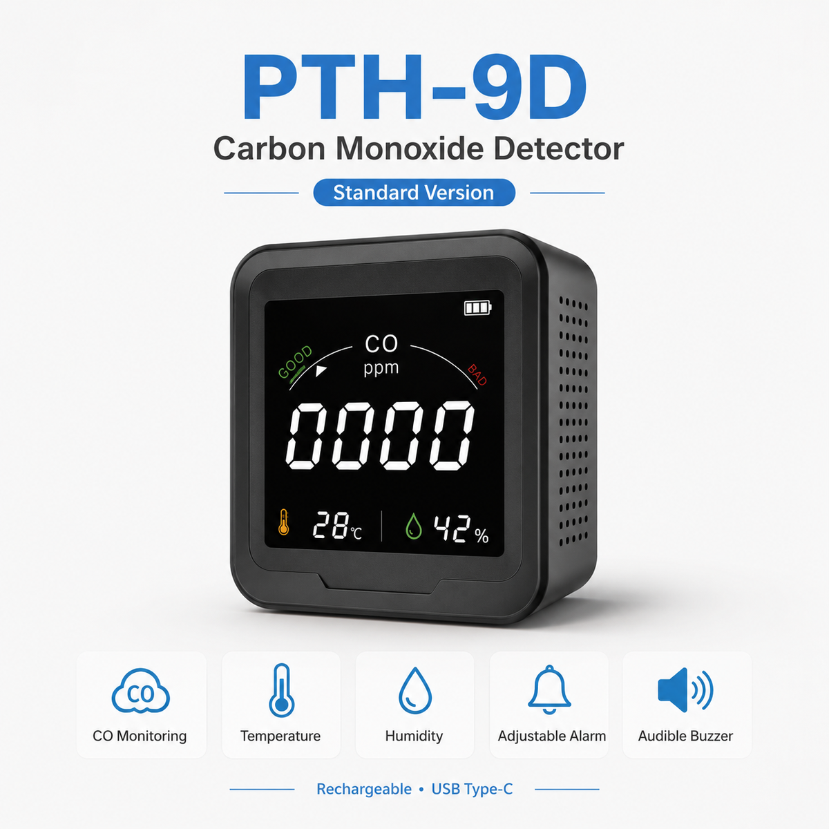 FABISENSE 9D / 9DW Portable CO Detector, Carbon Monoxide Monitor with Adjustable Alarm, Temperature Humidity & Wi-Fi Tuya Smart