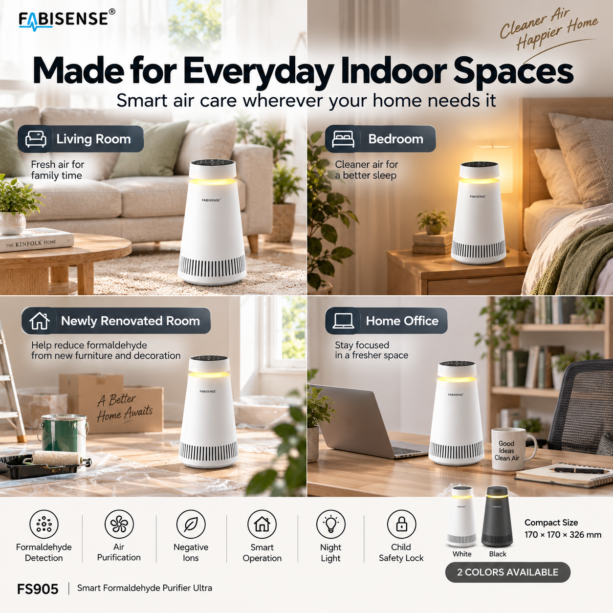 FABISENSE FS905 Smart Air Purifier Ultra | Whole-Home Gaseous Defense | Intelligent High-Precision Sensor | Clears Formaldehyde