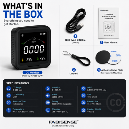 FABISENSE 9D / 9DW Portable CO Detector, Carbon Monoxide Monitor with Adjustable Alarm, Temperature Humidity & Wi-Fi Tuya Smart