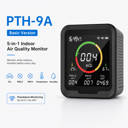 FABISENSE 9A /9AW 5-in-1 Air Quality Monitor, CO₂ PM2.5 PM10 Detector with Temperature, Humidity & Optional Wi-Fi App