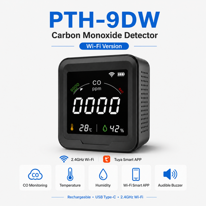 FABISENSE 9D / 9DW Portable CO Detector, Carbon Monoxide Monitor with Adjustable Alarm, Temperature Humidity & Wi-Fi Tuya Smart