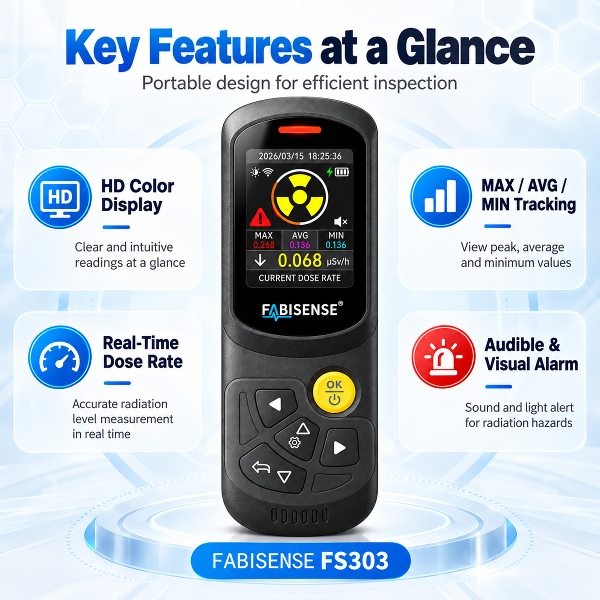FABISENSE FS303 Radiation Detector | Portable Radiation Monitor with Real-Time Dose Rate Display