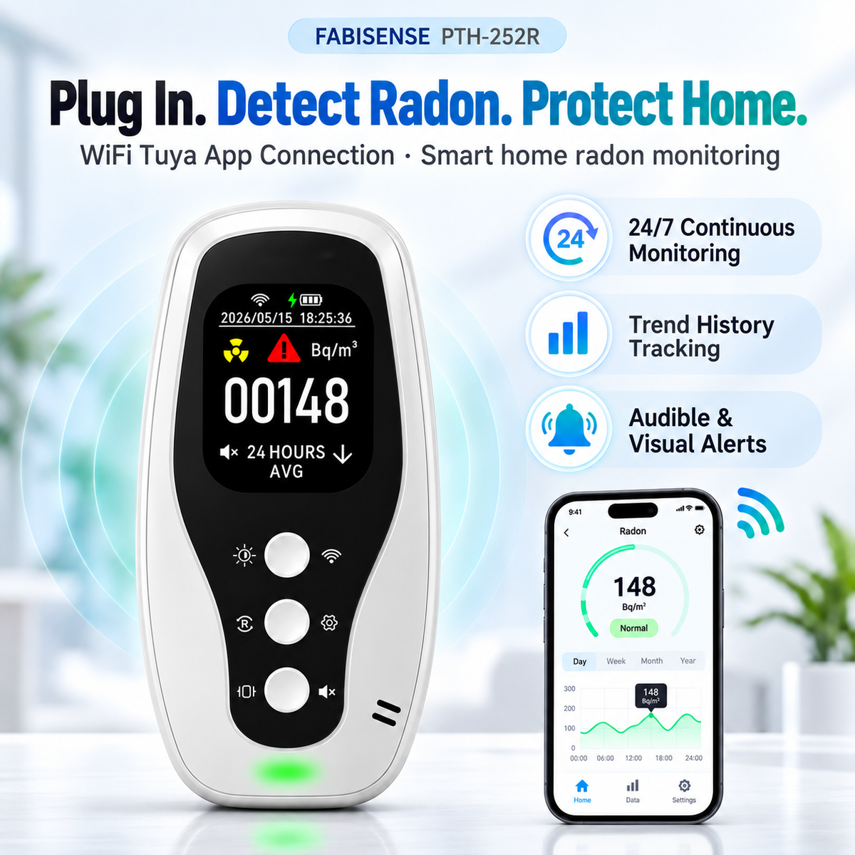 FABISENSE PTH-252R Plug-In Radon Detector | Continuous Radon Monitor for Home