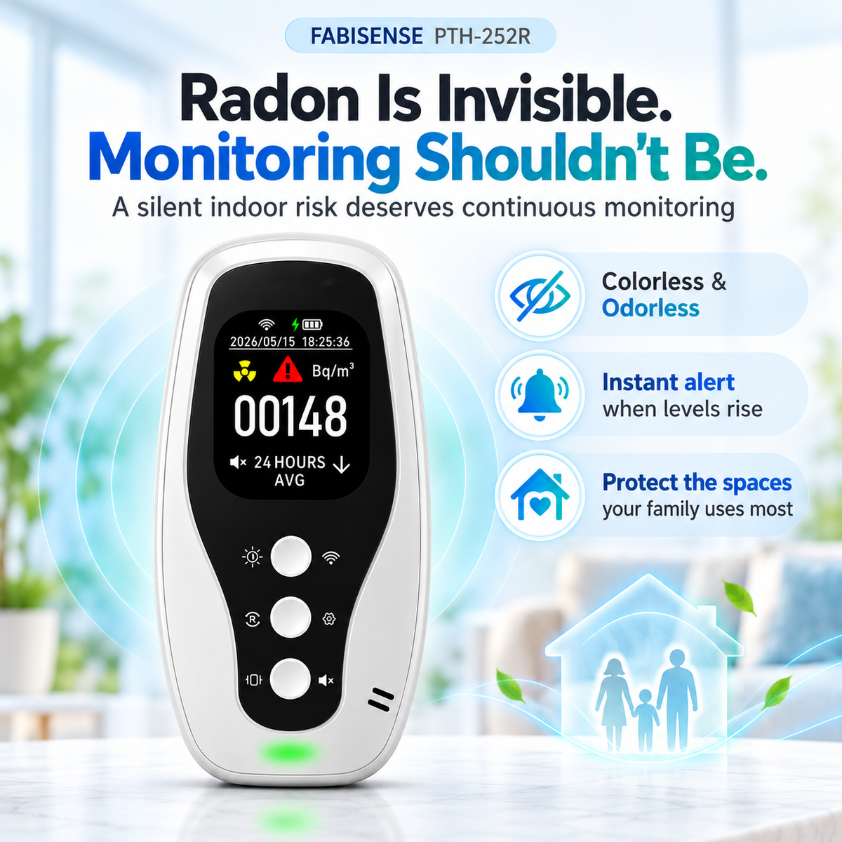 FABISENSE PTH-252R Plug-In Radon Detector | Continuous Radon Monitor for Home