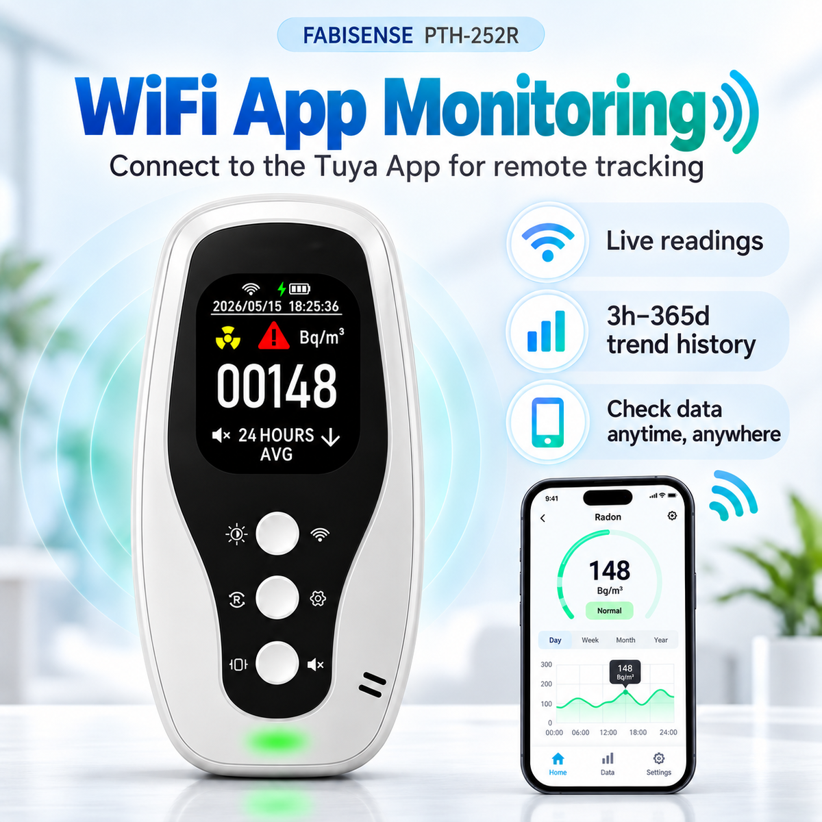 FABISENSE PTH-252R Plug-In Radon Detector | Continuous Radon Monitor for Home