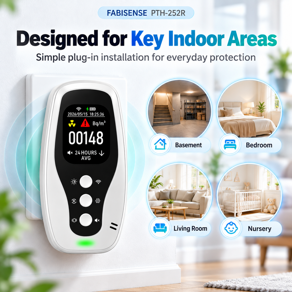 FABISENSE PTH-252R Plug-In Radon Detector | Continuous Radon Monitor for Home