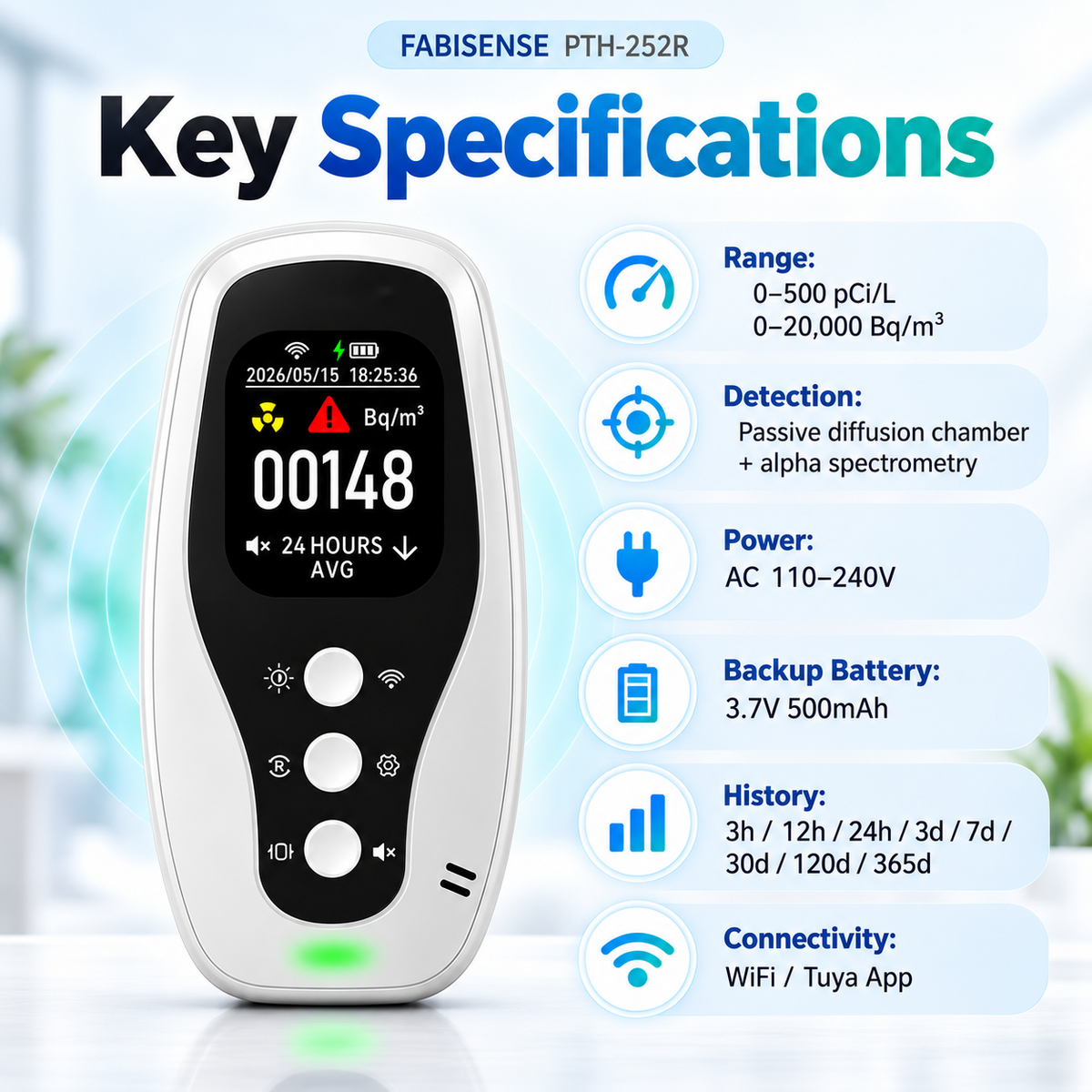 FABISENSE PTH-252R Plug-In Radon Detector | Continuous Radon Monitor for Home