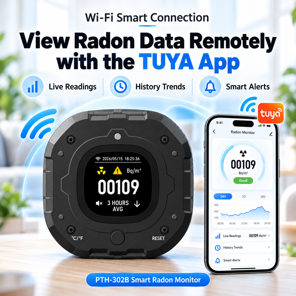 FABISENSE PTH-302B Smart Radon Monitor | Wi-Fi Connected Continuous Radon Detector