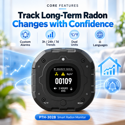FABISENSE PTH-302B Smart Radon Monitor | Wi-Fi Connected Continuous Radon Detector