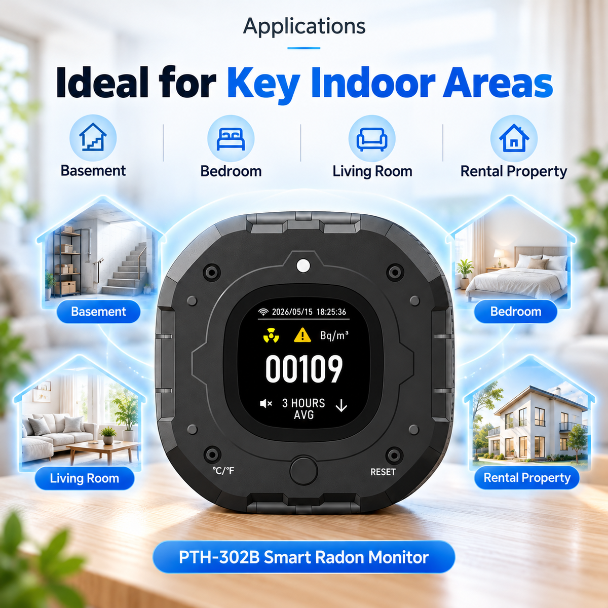 FABISENSE PTH-302B Smart Radon Monitor | Wi-Fi Connected Continuous Radon Detector