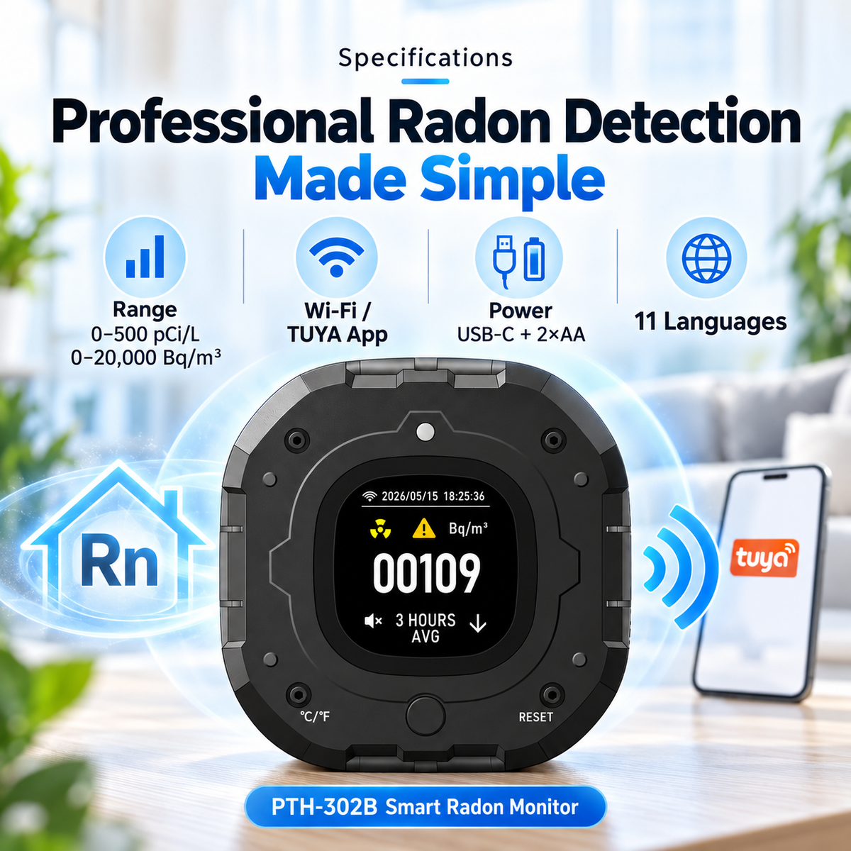 FABISENSE PTH-302B Smart Radon Monitor | Wi-Fi Connected Continuous Radon Detector