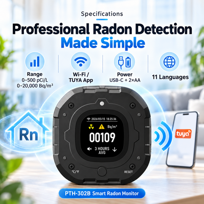 FABISENSE PTH-302B Smart Radon Monitor | Wi-Fi Connected Continuous Radon Detector