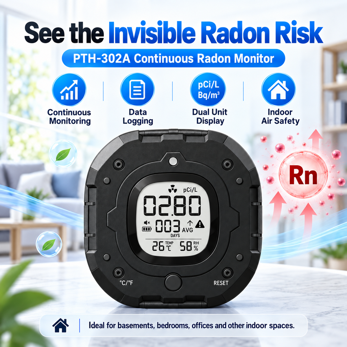 FABISENSE PTH-302A Radon Detector | Continuous Radon Monitor with Data Logging