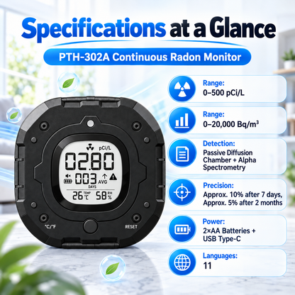 FABISENSE PTH-302A Radon Detector | Continuous Radon Monitor with Data Logging