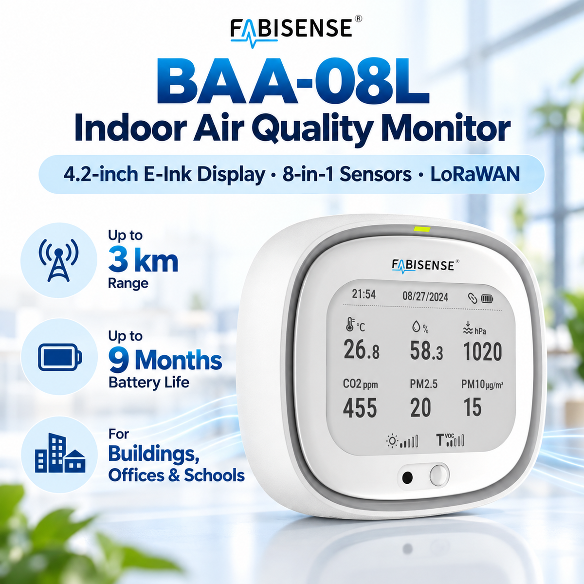 FABISENSE BAA-08L LoRaWAN Indoor Air Quality Monitor | 8-in-1 Environmental Sensor with E-Ink Display