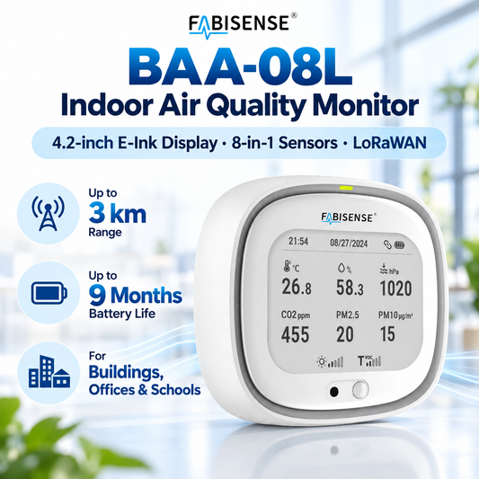 FABISENSE BAA-08L LoRaWAN Indoor Air Quality Monitor | 8-in-1 Environmental Sensor with E-Ink Display