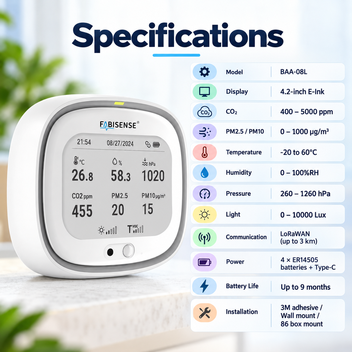 FABISENSE BAA-08L LoRaWAN Indoor Air Quality Monitor | 8-in-1 Environmental Sensor with E-Ink Display