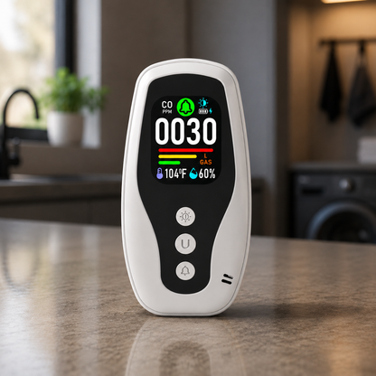 FABISENSE 4-in-1 Plug-in CO & Combustible Gas Detector | Carbon Monoxide, Gas, Temperature & Humidity Monitor | Dual Power  | for Home & Office